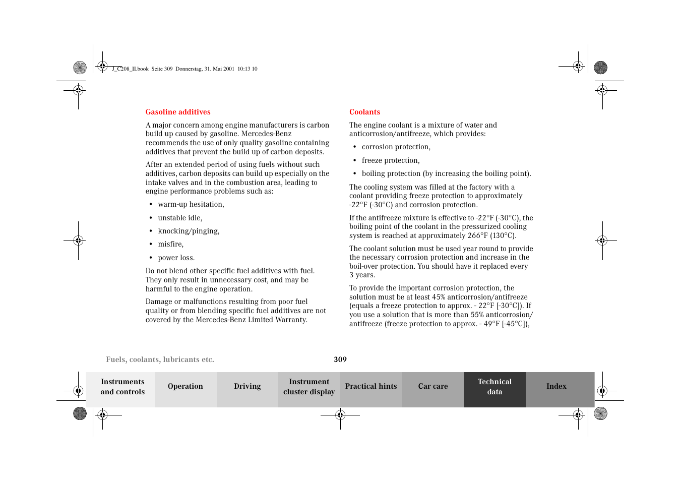 Gasoline additives, Coolants, Gasoline additives coolants | Mercedes-Benz 2002 CLK 55 AMG User Manual | Page 312 / 330