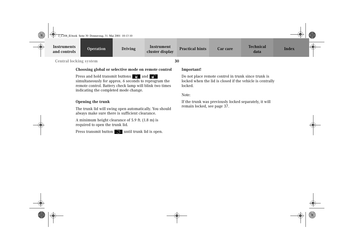 Trunk:opening | Mercedes-Benz 2002 CLK 55 AMG User Manual | Page 33 / 330