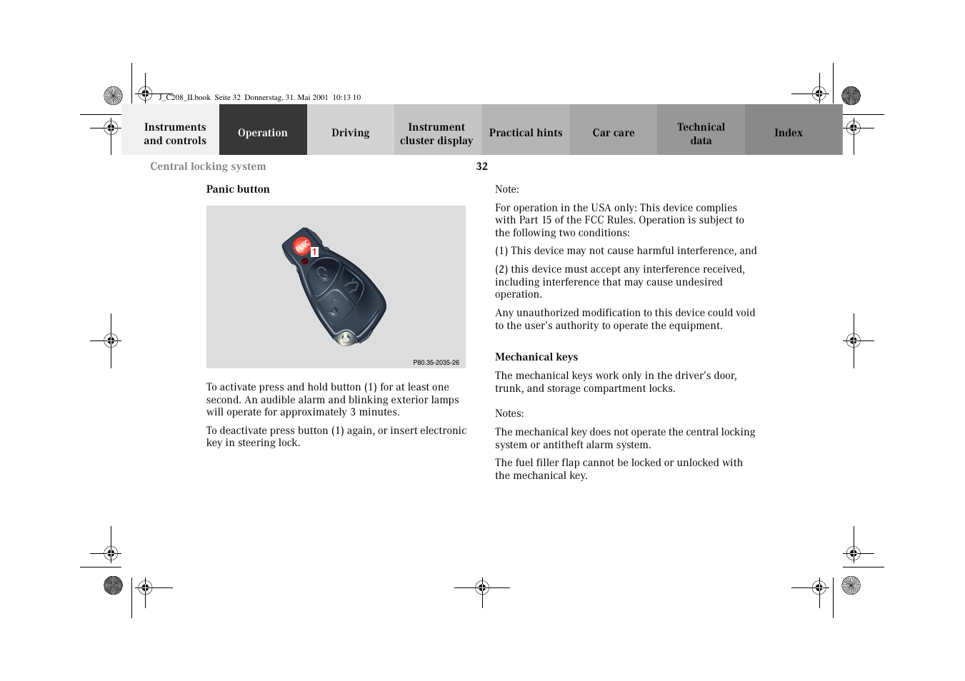 Panic button, Mechanical keys, Panic button mechanical keys | Mercedes-Benz 2002 CLK 55 AMG User Manual | Page 35 / 330