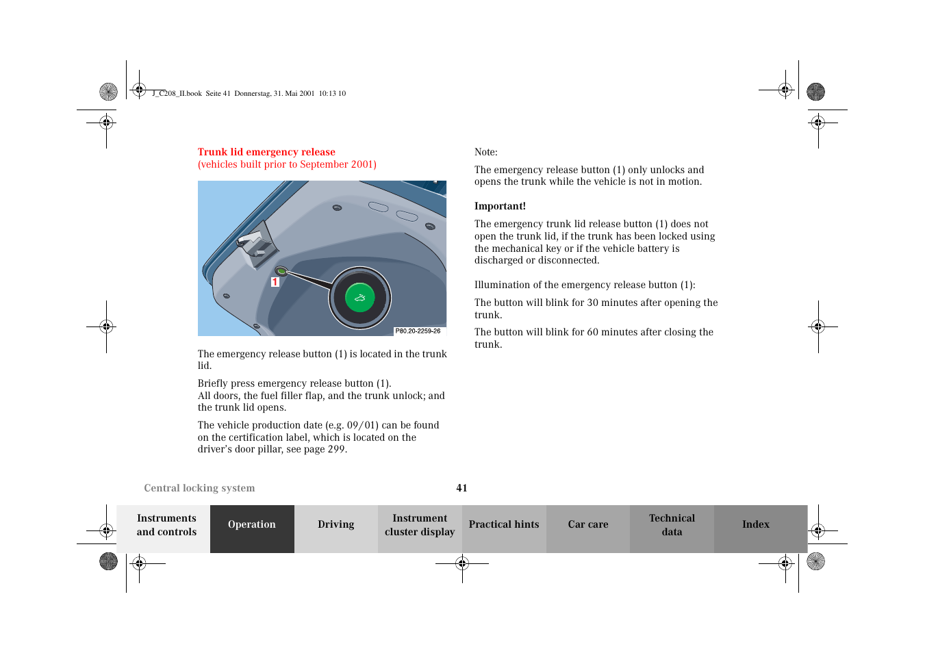 Trunk lid emergency release | Mercedes-Benz 2002 CLK 55 AMG User Manual | Page 44 / 330