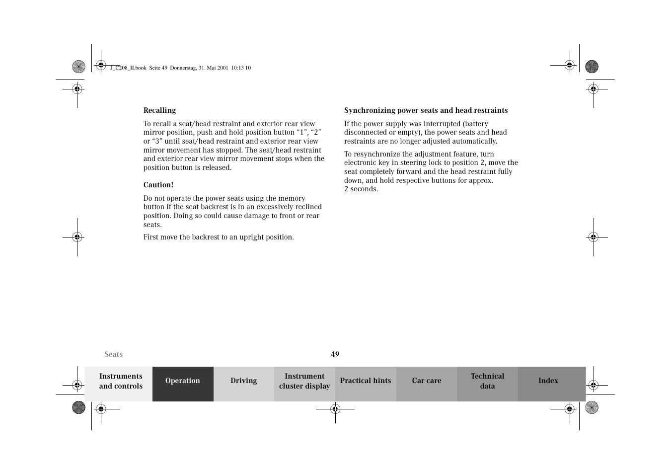 Synchronizing power seats and head restraints | Mercedes-Benz 2002 CLK 55 AMG User Manual | Page 52 / 330