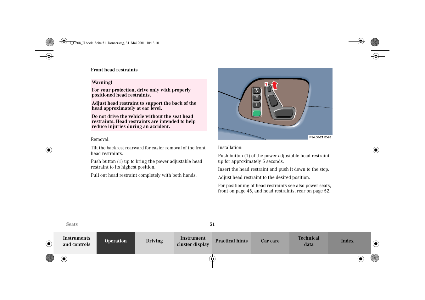 Front head restraints | Mercedes-Benz 2002 CLK 55 AMG User Manual | Page 54 / 330