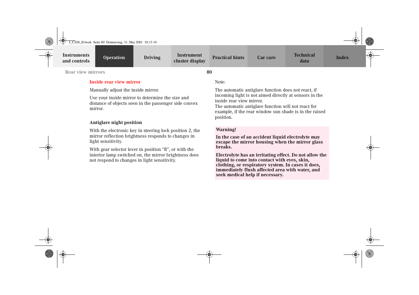 Inside rear view mirror, Antiglare night position | Mercedes-Benz 2002 CLK 55 AMG User Manual | Page 83 / 330