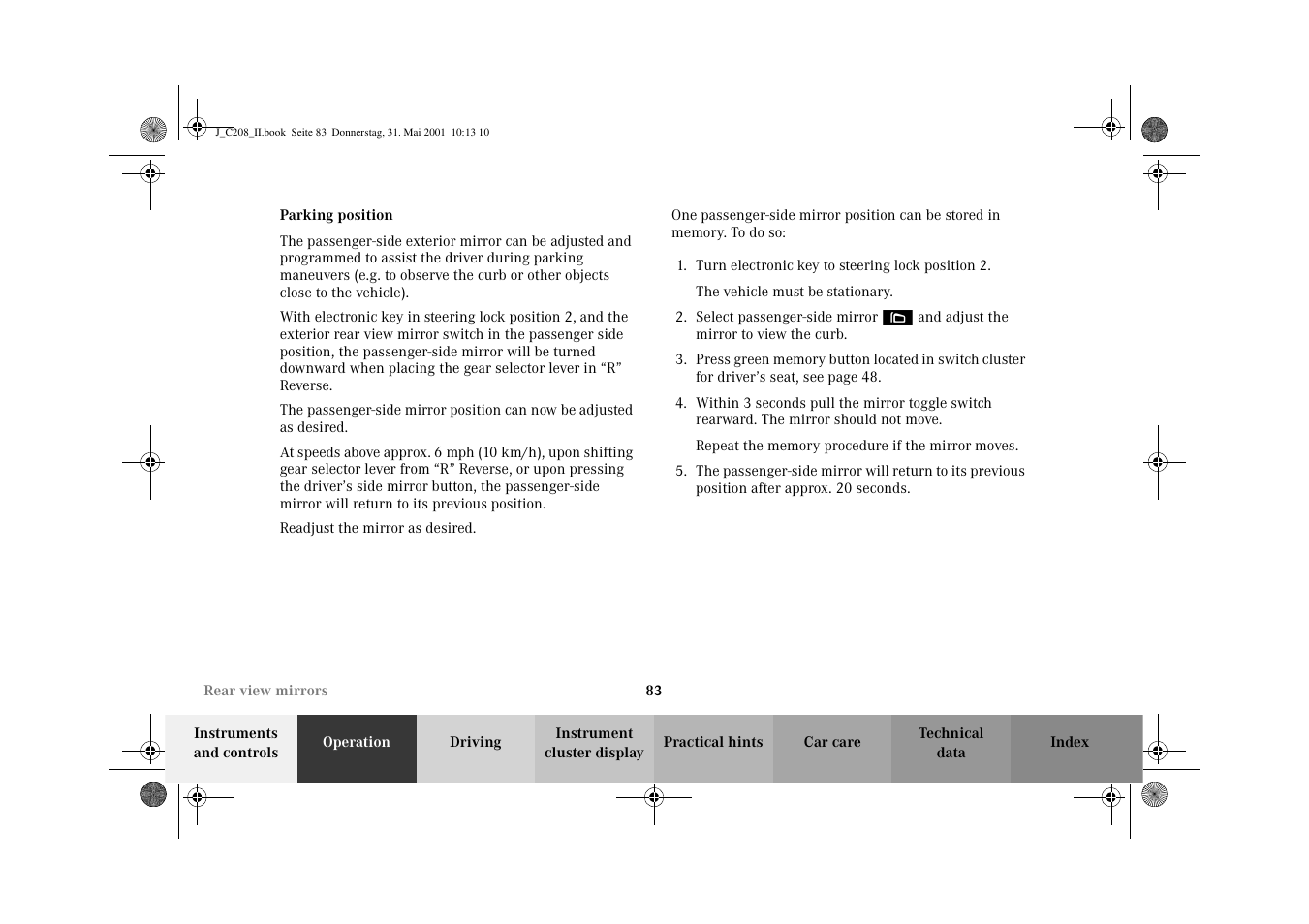 Parking position | Mercedes-Benz 2002 CLK 55 AMG User Manual | Page 86 / 330