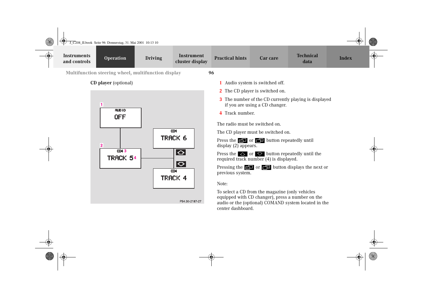 Audio systems:cd player, Cd player | Mercedes-Benz 2002 CLK 55 AMG User Manual | Page 99 / 330