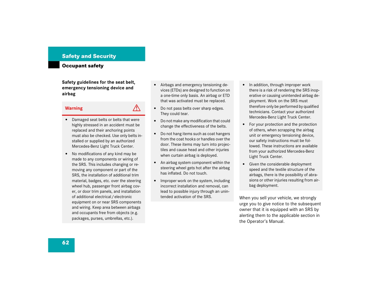 62 safety and security | Mercedes-Benz 2004 ML 500 User Manual | Page 62 / 344