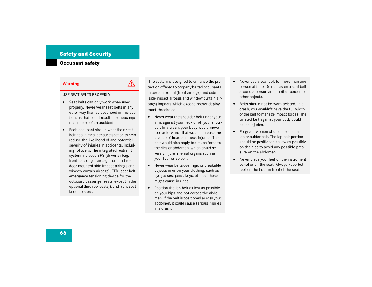 66 safety and security | Mercedes-Benz 2004 ML 500 User Manual | Page 66 / 344