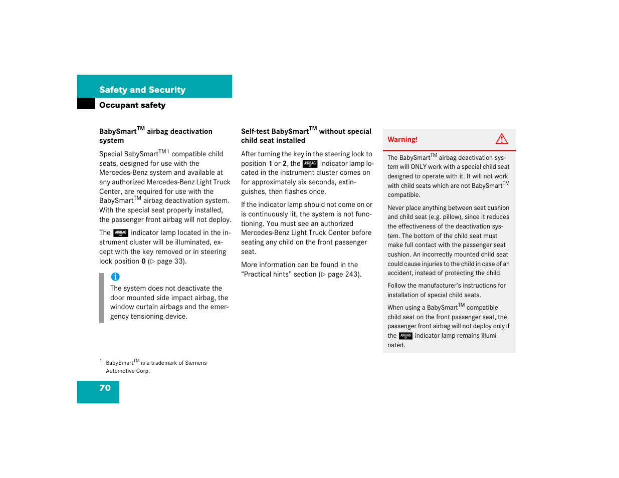 70 safety and security | Mercedes-Benz 2004 ML 500 User Manual | Page 70 / 344