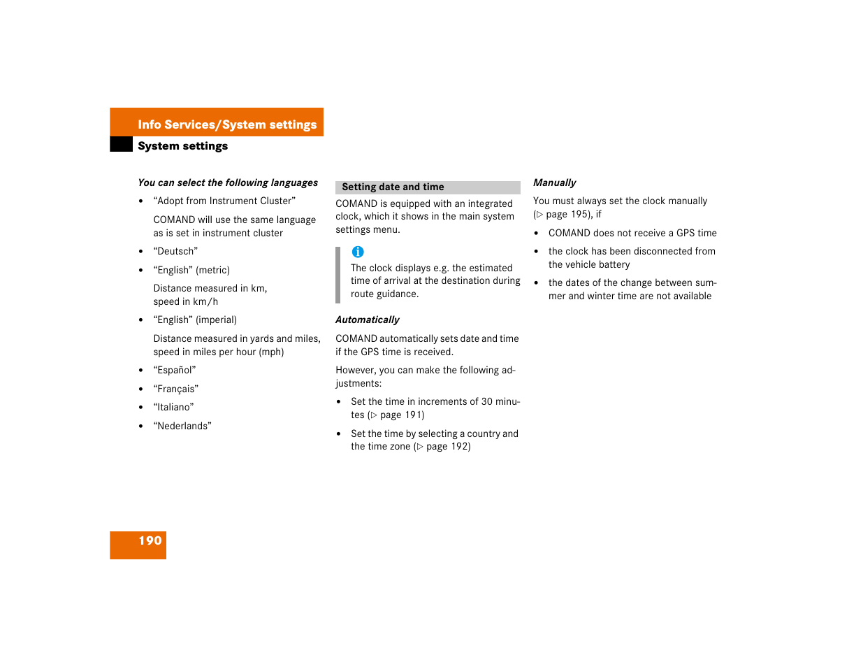 190 info services/system settings | Mercedes-Benz Command 209 User Manual | Page 198 / 225