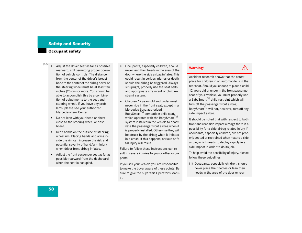 58 safety and security | Mercedes-Benz 2004 C-Class Coupe User Manual | Page 58 / 376