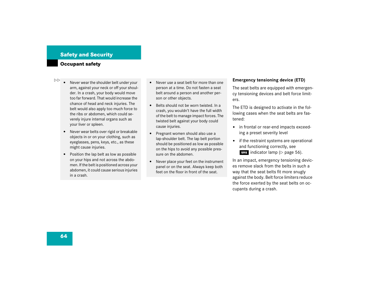64 safety and security | Mercedes-Benz 2004 C-Class Coupe User Manual | Page 64 / 376