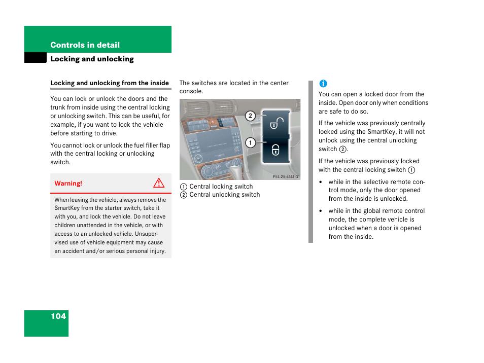 Central locking:from the inside, Locking and unlocking from the inside | Mercedes-Benz 2006 C 55 AMG User Manual | Page 105 / 473