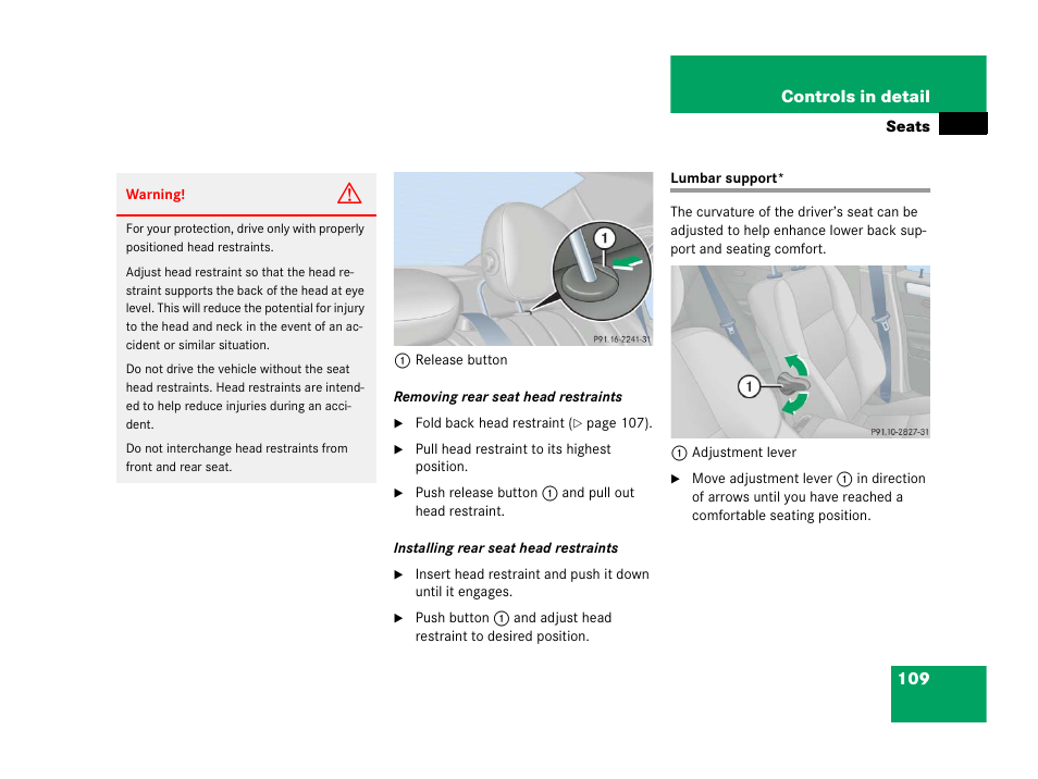 Lumbar support | Mercedes-Benz 2006 C 55 AMG User Manual | Page 110 / 473