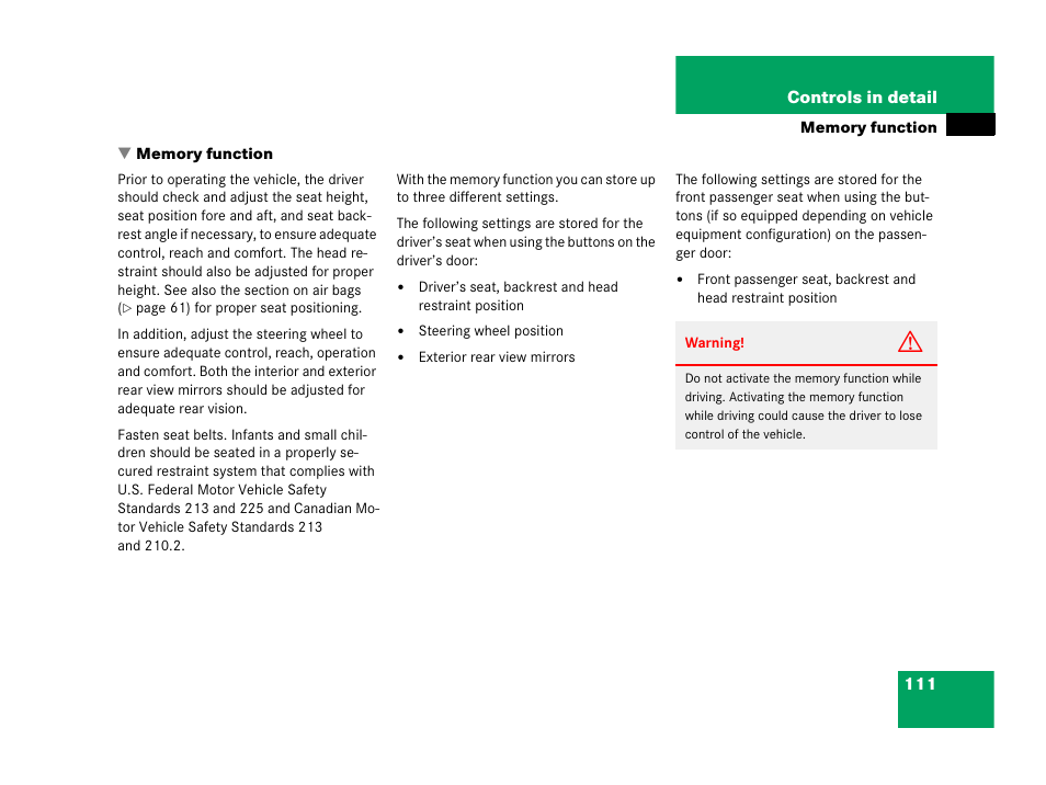Memory function | Mercedes-Benz 2006 C 55 AMG User Manual | Page 112 / 473