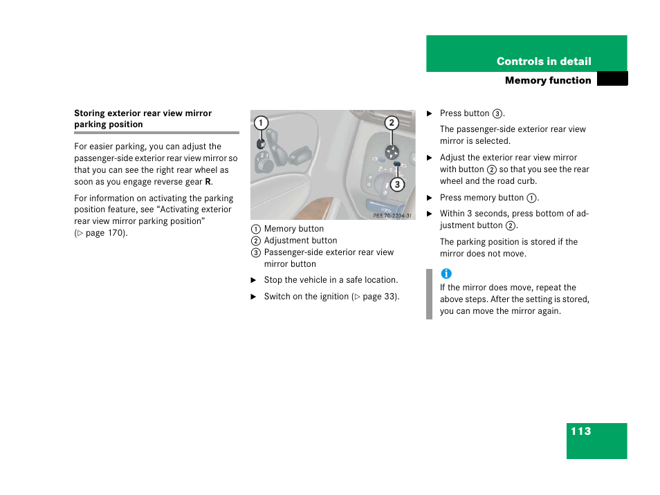 Storing exterior rear view mirror parking position | Mercedes-Benz 2006 C 55 AMG User Manual | Page 114 / 473