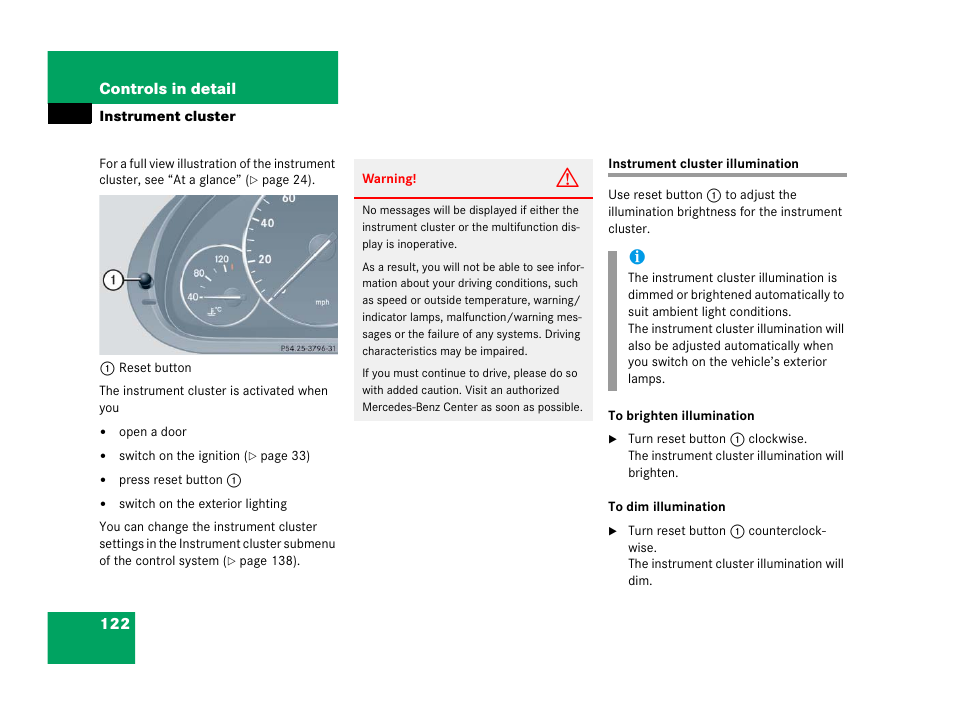 Instrument cluster, Instrument cluster:illumination, Instrument cluster illumination | Mercedes-Benz 2006 C 55 AMG User Manual | Page 123 / 473