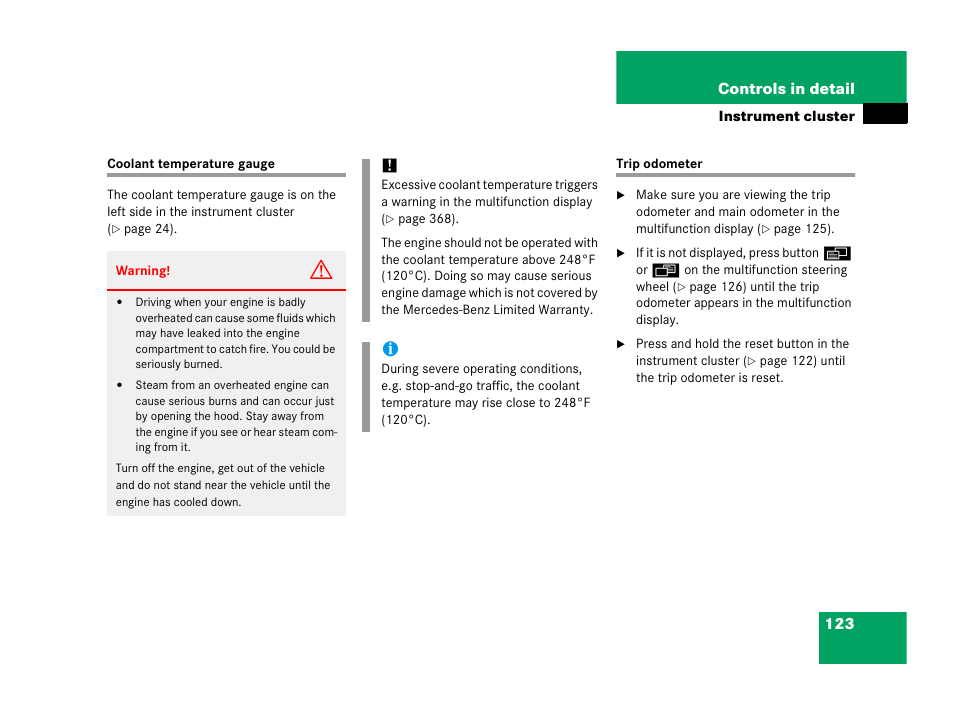 Coolant:temperature gauge, Trip odometer, Coolant temperature gauge trip odometer | Mercedes-Benz 2006 C 55 AMG User Manual | Page 124 / 473