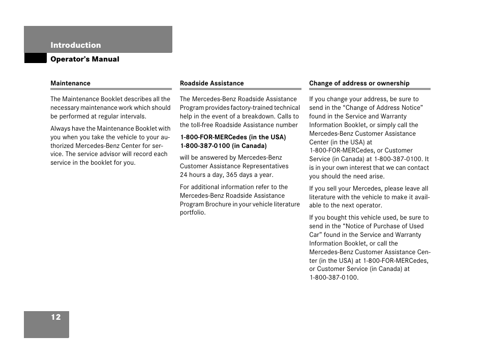 Maintenance, Roadside assistance, Change of address or ownership | Mercedes-Benz 2006 C 55 AMG User Manual | Page 13 / 473
