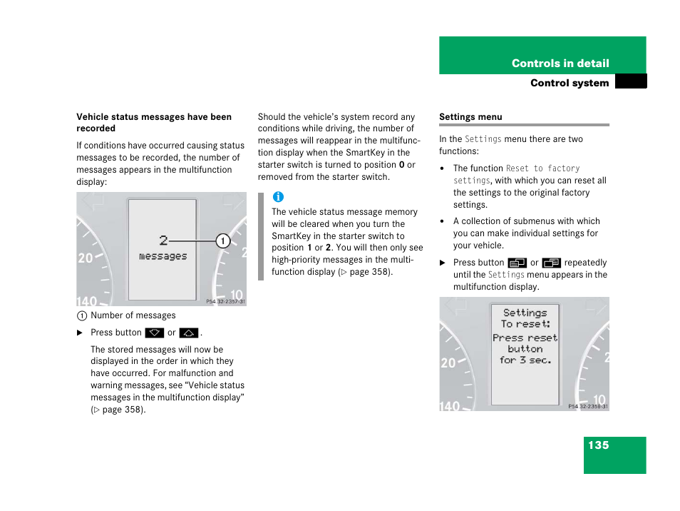 Control system menu:settings, Settings menu | Mercedes-Benz 2006 C 55 AMG User Manual | Page 136 / 473