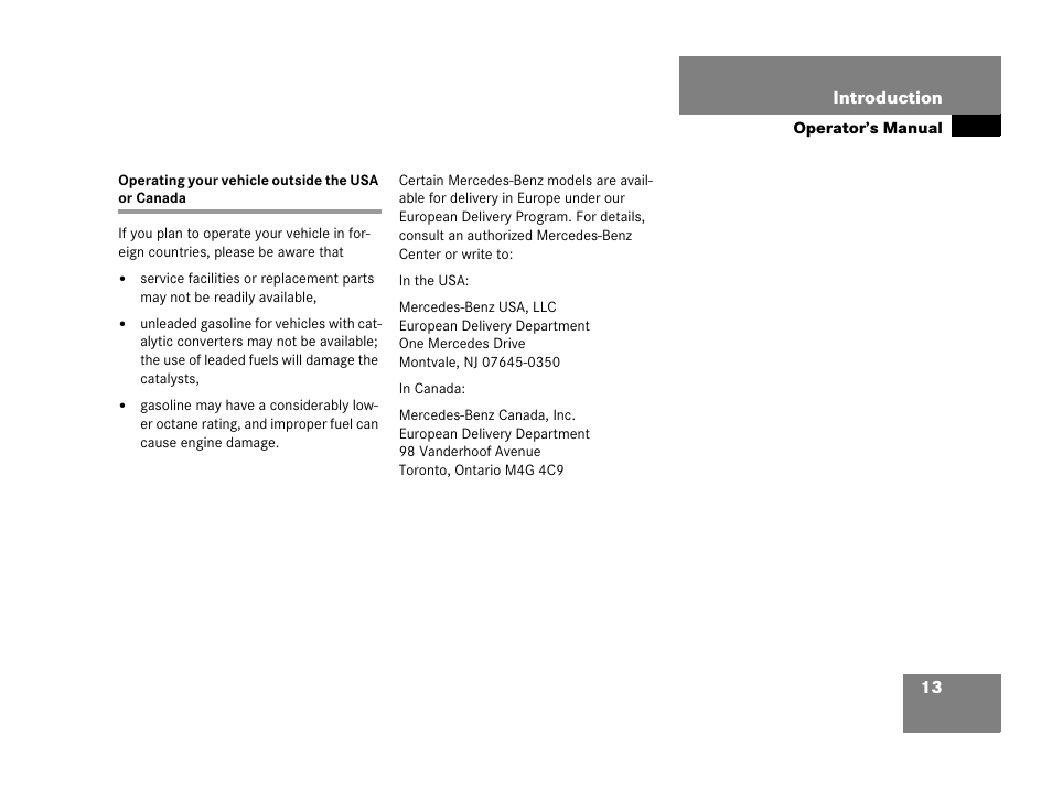 Operating your vehicle outside the usa or canada | Mercedes-Benz 2006 C 55 AMG User Manual | Page 14 / 473