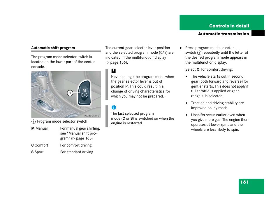 Automatic shift program | Mercedes-Benz 2006 C 55 AMG User Manual | Page 162 / 473