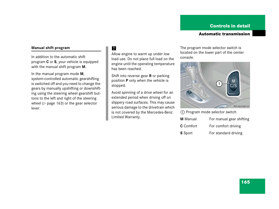 Shift program (manual), Manual shift program, See “manual shift pro- gram | See “manual shift program | Mercedes-Benz 2006 C 55 AMG User Manual | Page 166 / 473