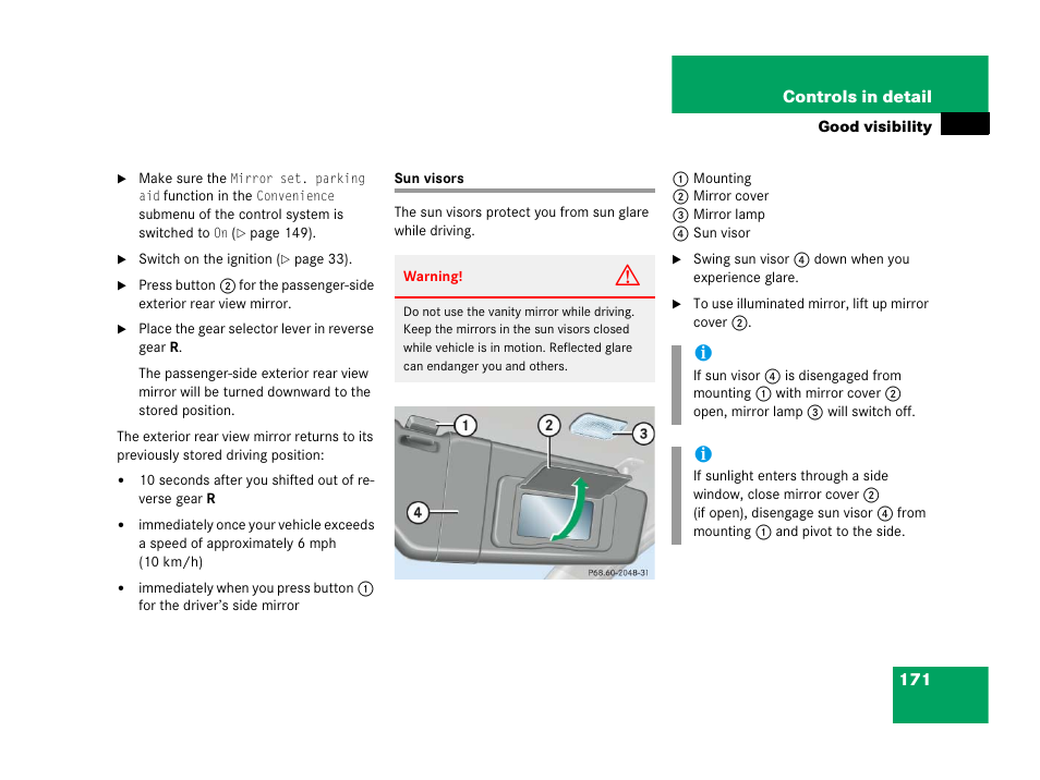 Sun visors | Mercedes-Benz 2006 C 55 AMG User Manual | Page 172 / 473