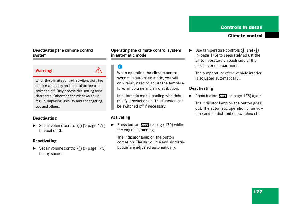 Deactivating the climate control system | Mercedes-Benz 2006 C 55 AMG User Manual | Page 178 / 473