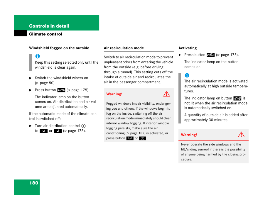 Air recirculation mode | Mercedes-Benz 2006 C 55 AMG User Manual | Page 181 / 473