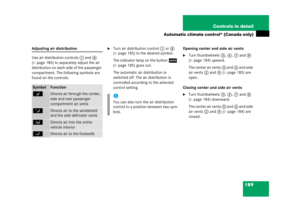 Adjusting air distribution | Mercedes-Benz 2006 C 55 AMG User Manual | Page 190 / 473