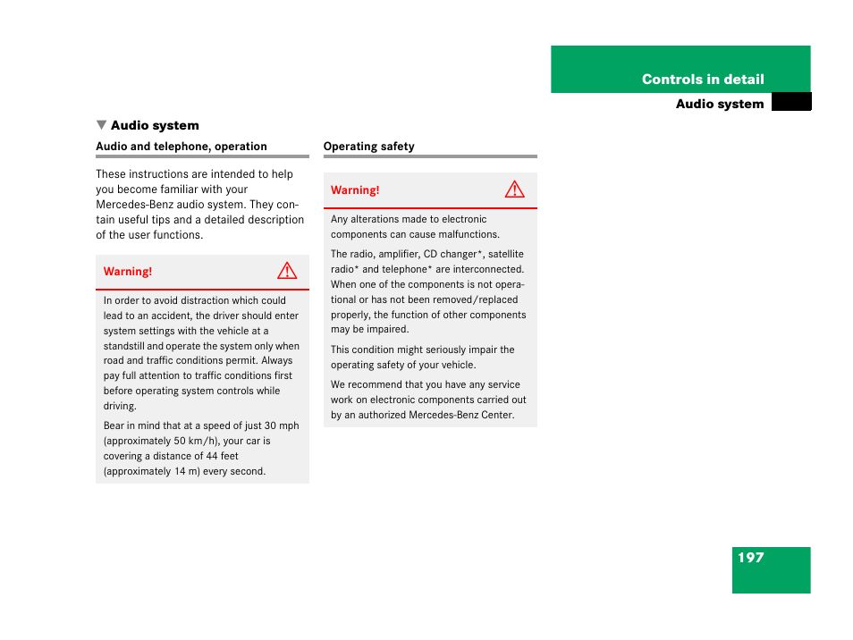 Audio system, Audio and telephone, operation, Operating safety | Audio and telephone, operation operating safety | Mercedes-Benz 2006 C 55 AMG User Manual | Page 198 / 473