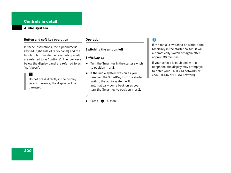 Button and soft key operations, Operating audio system, Button and soft key operation operation | Mercedes-Benz 2006 C 55 AMG User Manual | Page 201 / 473