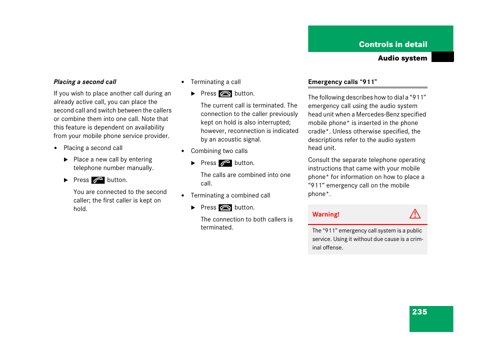 Emergency calls:911 calls, Emergency calls “911 | Mercedes-Benz 2006 C 55 AMG User Manual | Page 236 / 473