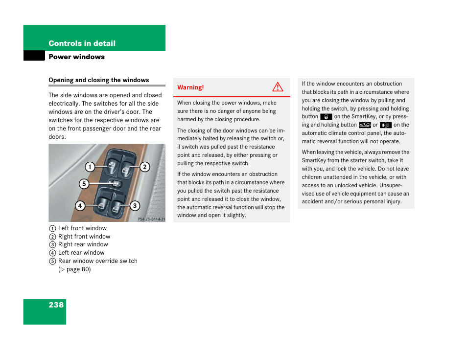 Power windows, Opening/closing, Opening and closing the windows 238 | 238 controls in detail | Mercedes-Benz 2006 C 55 AMG User Manual | Page 239 / 473