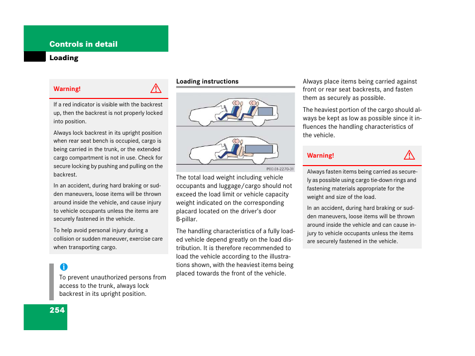 Vehicle loading:instructions, Loading instructions | Mercedes-Benz 2006 C 55 AMG User Manual | Page 255 / 473