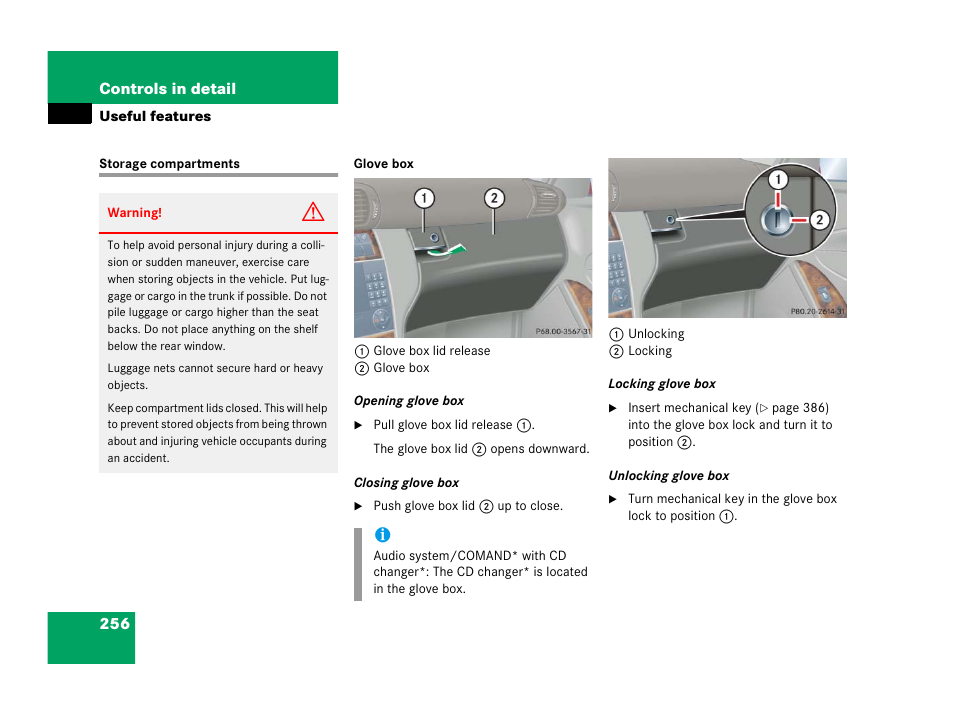 Useful features, Storage compartments | Mercedes-Benz 2006 C 55 AMG User Manual | Page 257 / 473