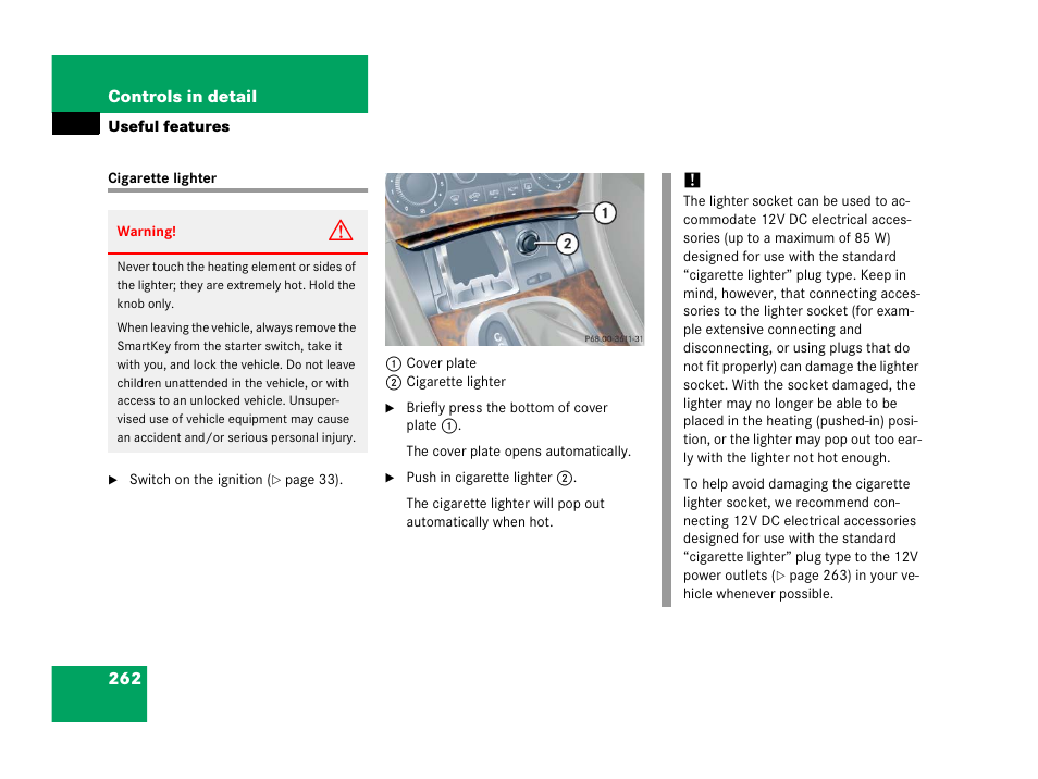 Cigarette lighter | Mercedes-Benz 2006 C 55 AMG User Manual | Page 263 / 473