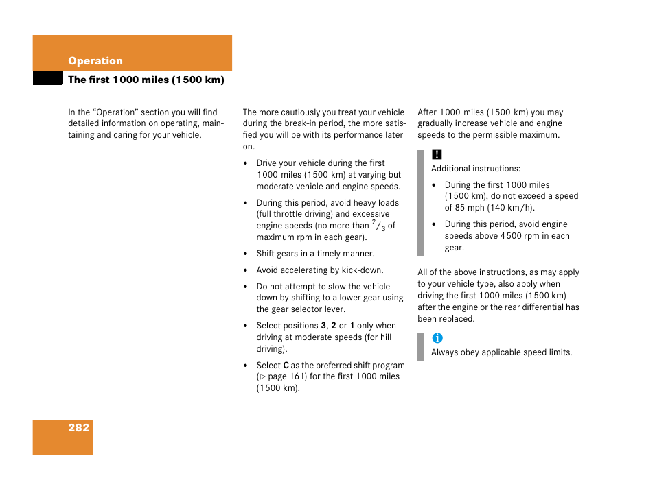 The first 1000 miles (1500 km), The first 1 000 miles (1 500 km) | Mercedes-Benz 2006 C 55 AMG User Manual | Page 283 / 473