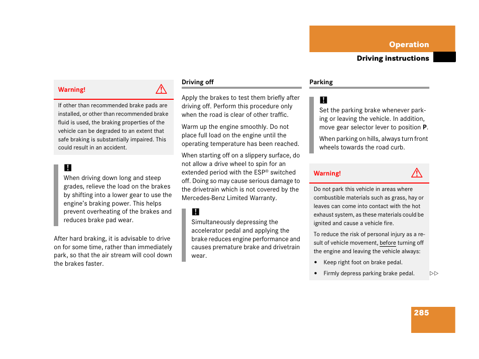Driving off, Parking, Driving off parking | Mercedes-Benz 2006 C 55 AMG User Manual | Page 286 / 473