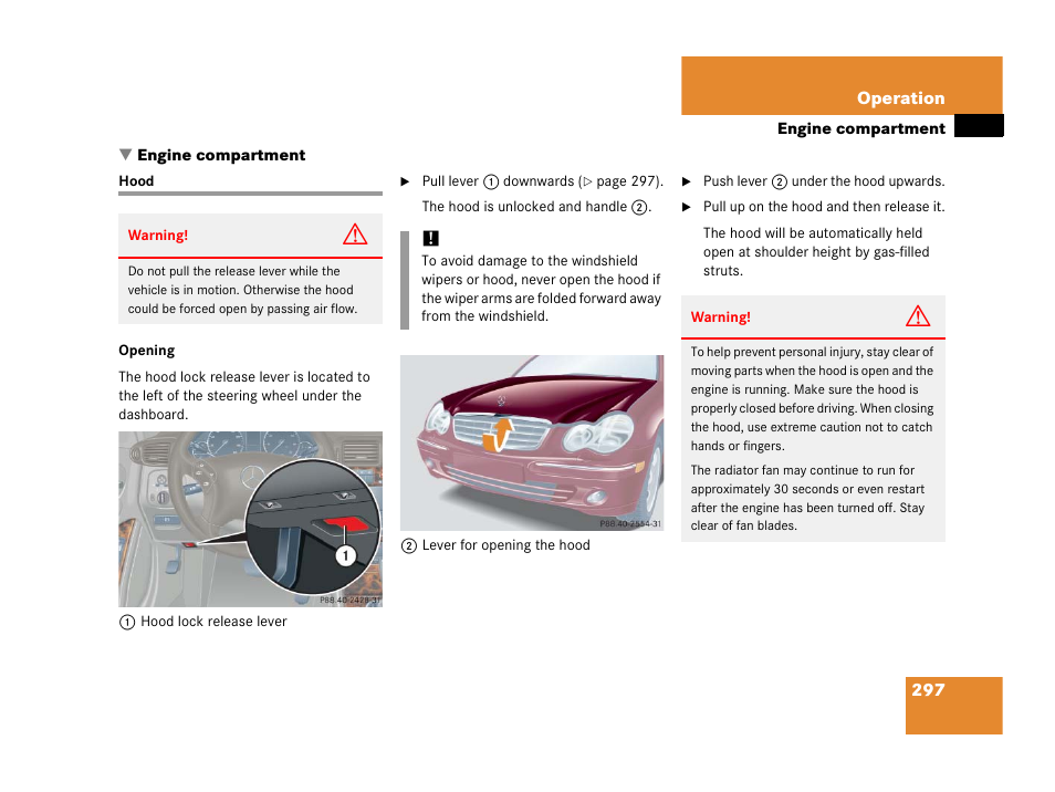 Engine:compartment, Hood, Engine compartment | Mercedes-Benz 2006 C 55 AMG User Manual | Page 298 / 473