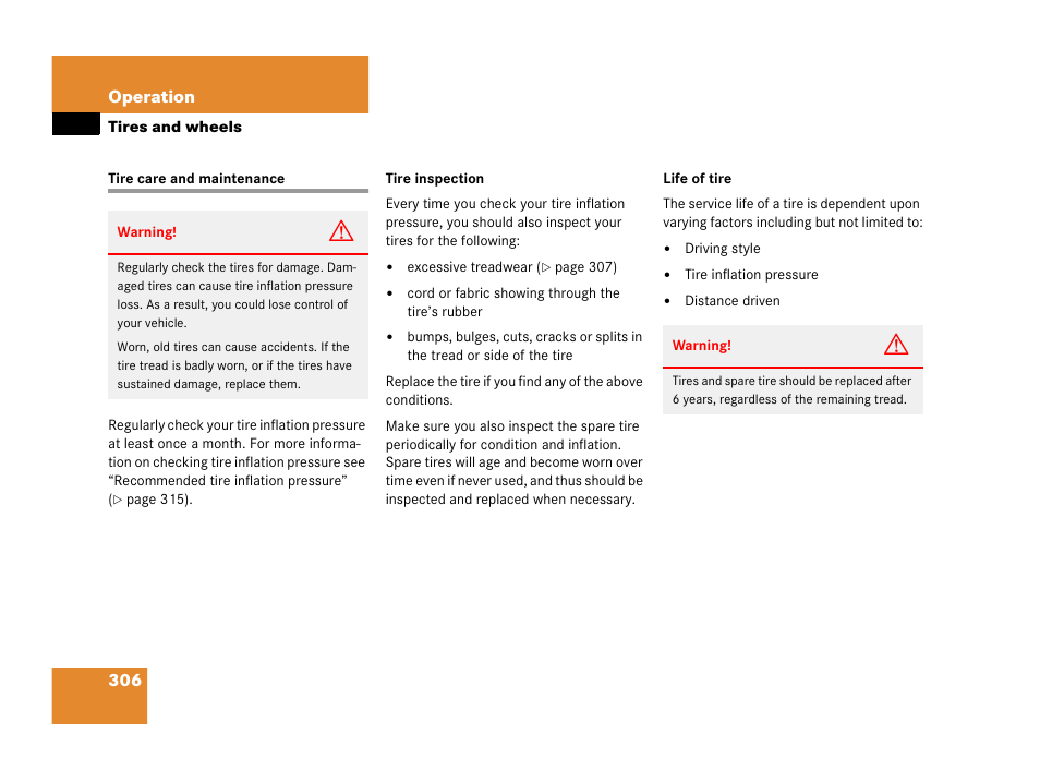 Tires:care and maintenance, Tire care and maintenance | Mercedes-Benz 2006 C 55 AMG User Manual | Page 307 / 473