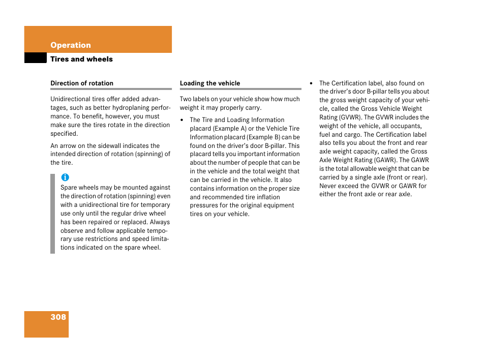 Direction of rotation (tires), Loading the vehicle, Direction of rotation loading the vehicle | Mercedes-Benz 2006 C 55 AMG User Manual | Page 309 / 473
