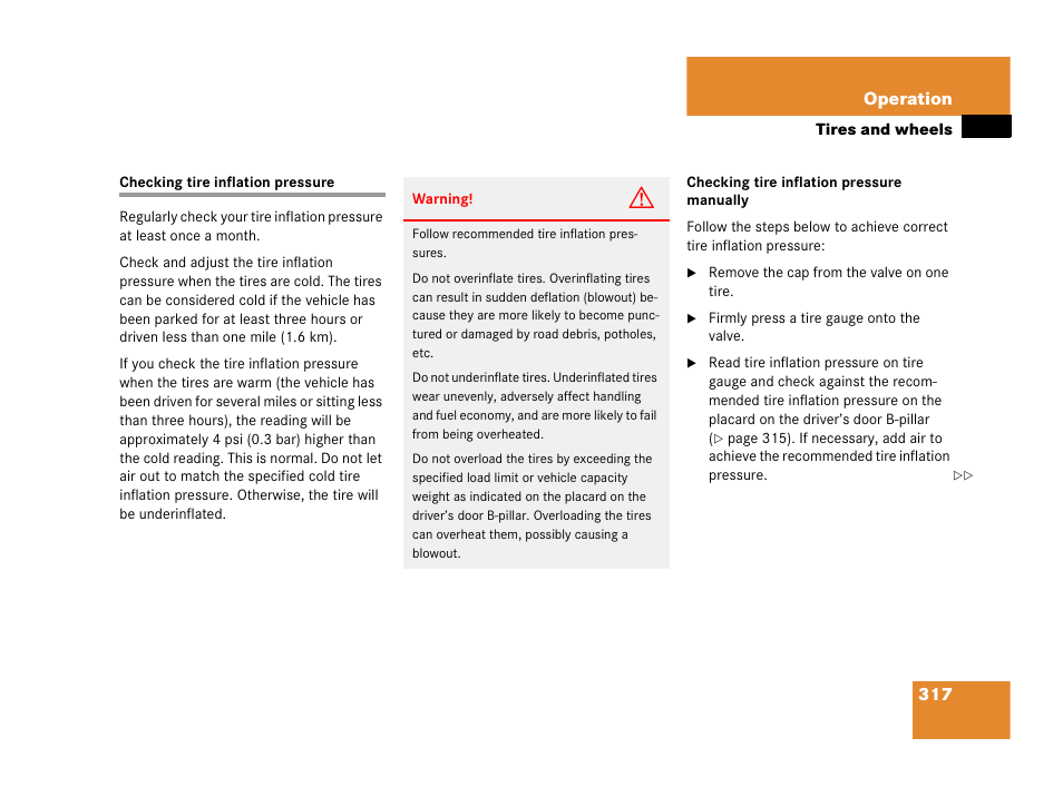 Checking tire inflation pressure | Mercedes-Benz 2006 C 55 AMG User Manual | Page 318 / 473