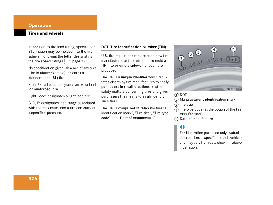 Dot, tin, Dot, tire identification number (tin) | Mercedes-Benz 2006 C 55 AMG User Manual | Page 327 / 473