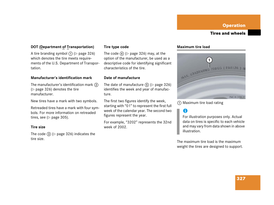 Maximum tire load | Mercedes-Benz 2006 C 55 AMG User Manual | Page 328 / 473