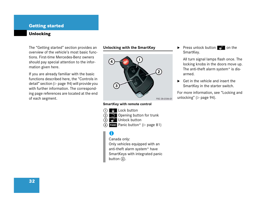 Unlocking, Unlocking with the smartkey | Mercedes-Benz 2006 C 55 AMG User Manual | Page 33 / 473