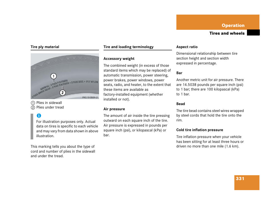 Tire ply material, Tire and loading terminology, Tire ply material tire and loading terminology | Mercedes-Benz 2006 C 55 AMG User Manual | Page 332 / 473