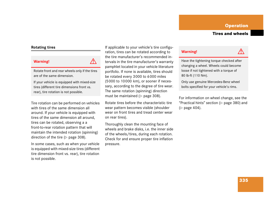 Tires:rotating, Rotating tires | Mercedes-Benz 2006 C 55 AMG User Manual | Page 336 / 473