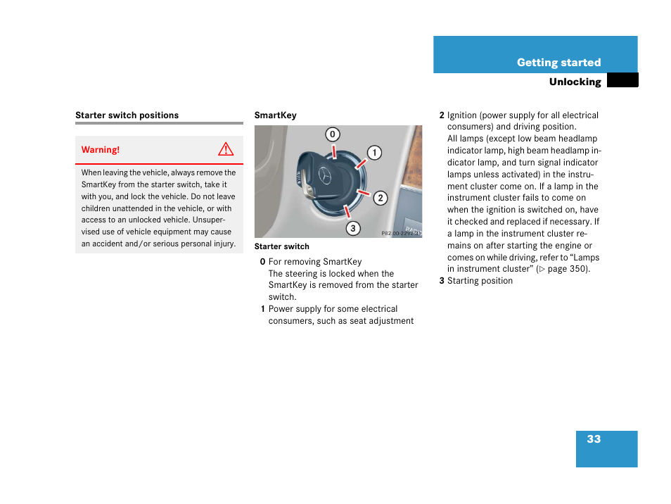 Starter switch:positions, Starter switch positions | Mercedes-Benz 2006 C 55 AMG User Manual | Page 34 / 473