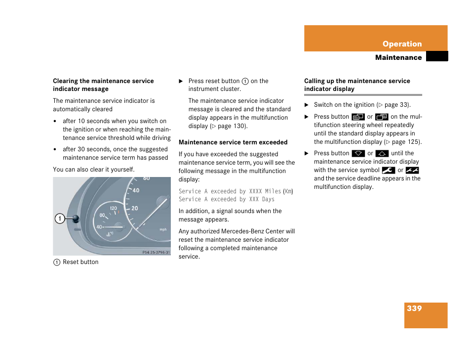 Calling up service indicator display | Mercedes-Benz 2006 C 55 AMG User Manual | Page 340 / 473